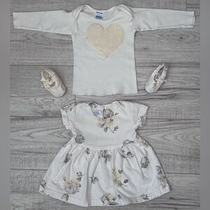 Baby Sacks Beverly Hills & Junpers Dress & Booties (Lot of 3) Size 0-3 Months